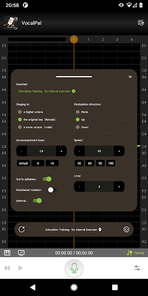 VocalPal vocal exercise settings